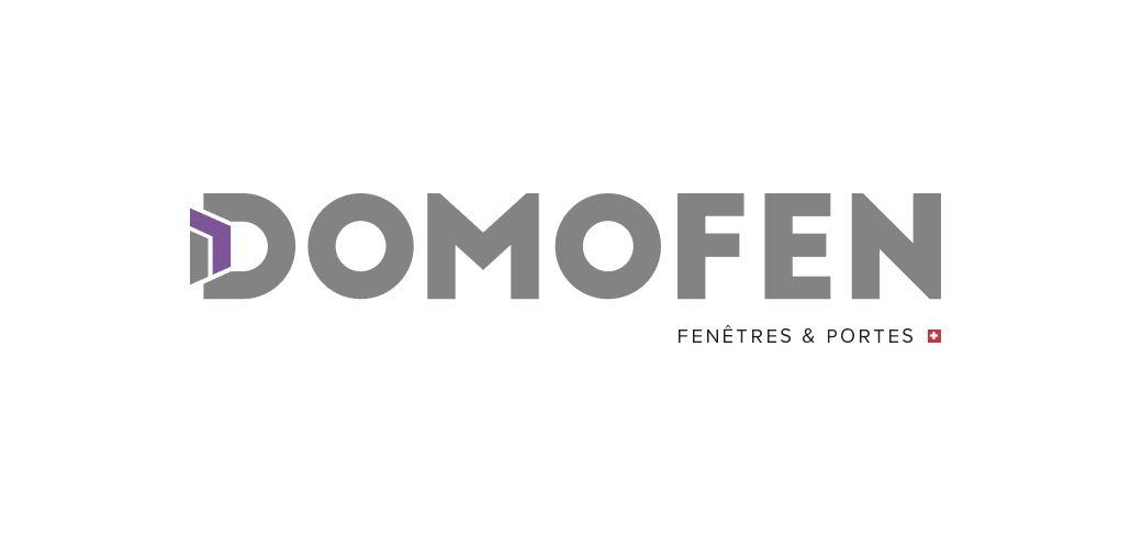 Logo DOMOFEN avec le texte Fenêtres & Portes et un petit drapeau suisse.