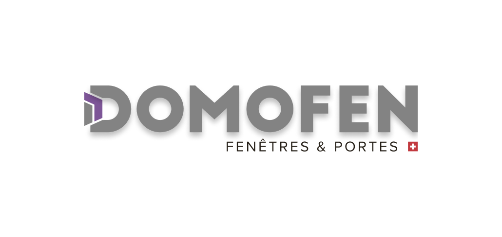 Logo de DOMOFEN avec le texte Fenêtres & Portes et un petit drapeau suisse.
