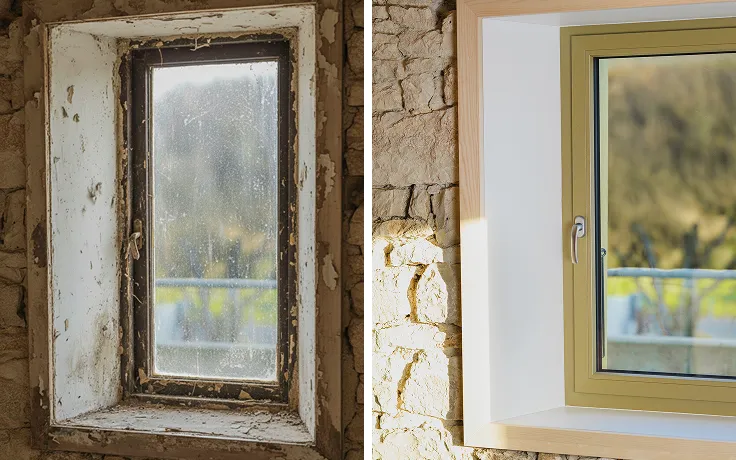 Vorher-Nachher-Foto eines in eine schöne Steinmauer eingelassenen Fensters. Renoviert von Domofen, einem Fenster- und Türenhersteller in der Westschweiz. 