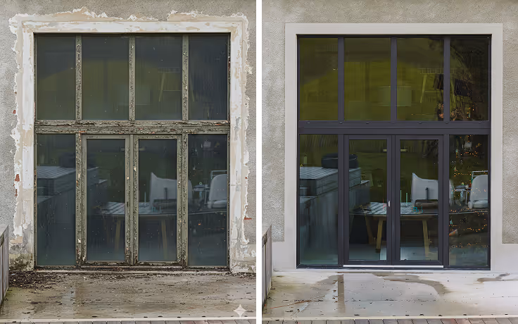 Vorher-Nachher-Foto eines in eine schöne Steinmauer eingelassenen Fensters. Renoviert von Domofen, einem Fenster- und Türenhersteller in der Westschweiz. 