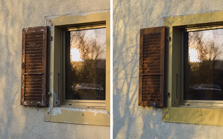 Vorher-Nachher-Foto eines in eine schöne Steinmauer eingelassenen Fensters. Renoviert von Domofen, einem Fenster- und Türenhersteller in der Westschweiz. 