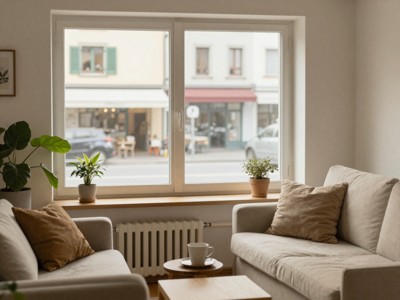 Salon calme derrière une fenêtre PVC donnant sur une rue passante