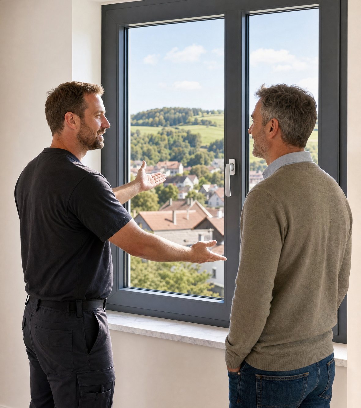 Menuisier partenaire Domofen présentant une fenêtre PVC à cadre anthracite à un client, devant un village suisse.