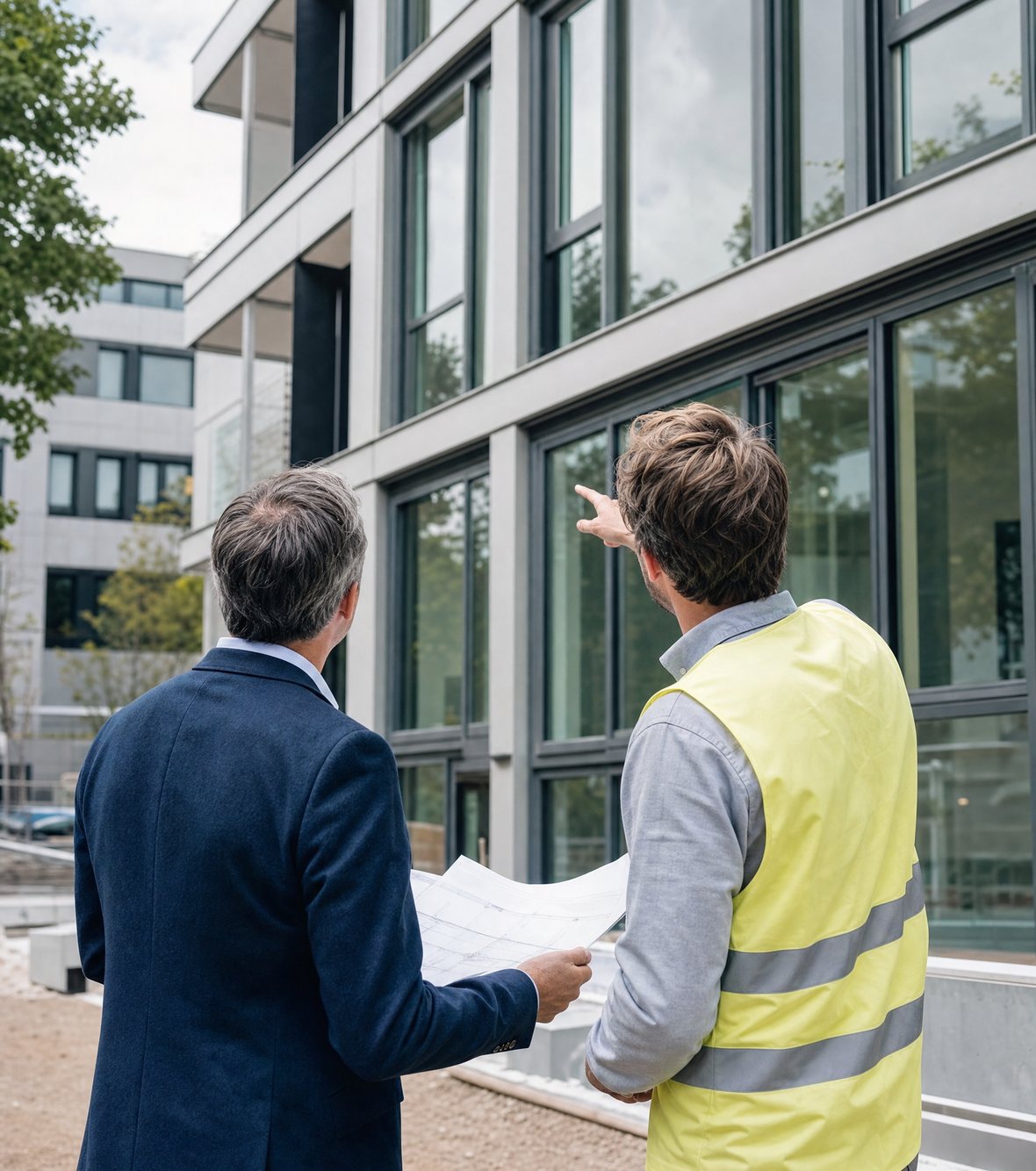 Maître d'ouvrage et responsable de chantier observant la façade vitrée d'un immeuble moderne, plans en main.
