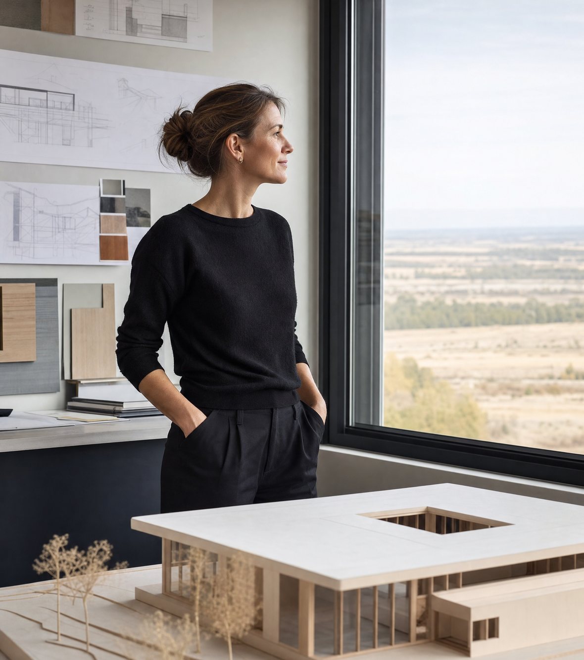Architecte dans un studio lumineux, maquette de bâtiment au premier plan, devant une grande baie vitrée donnant sur un paysage suisse.