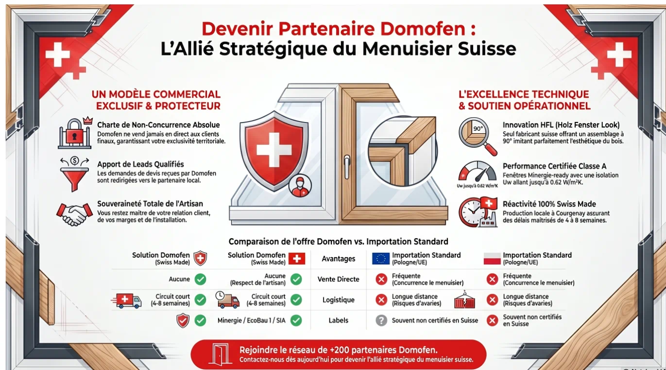 Infographie des avantages du partenariat Domofen pour les menuisiers suisses
