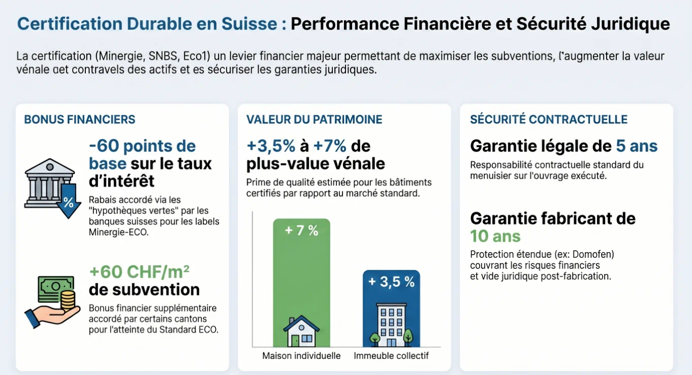 Infographie des bénéfices financiers d'une certification Minergie-ECO et SNBS
