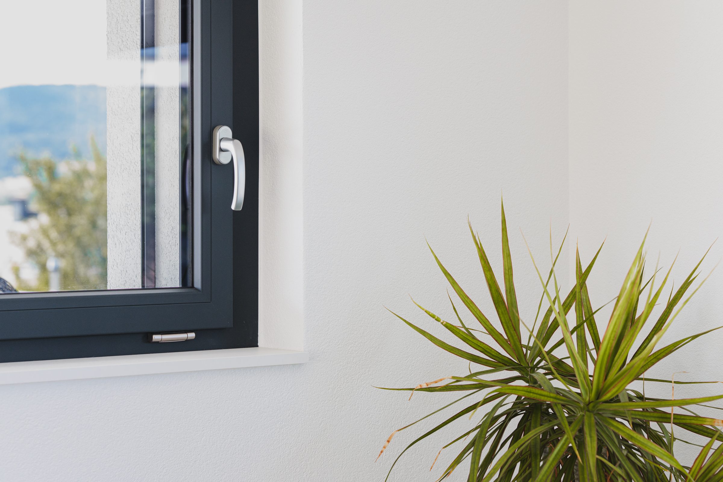 Fenêtre PVC anthracite de la gamme DomoFirst posée sur une façade blanche.