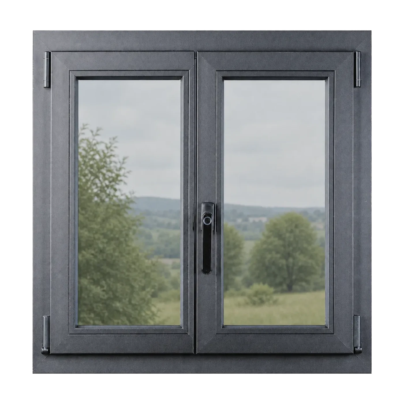Doppelflügeliges DomoDual-PVC-Fenster mit grau pulverbeschichteter Aluminiumverkleidung und modernem Griff.
