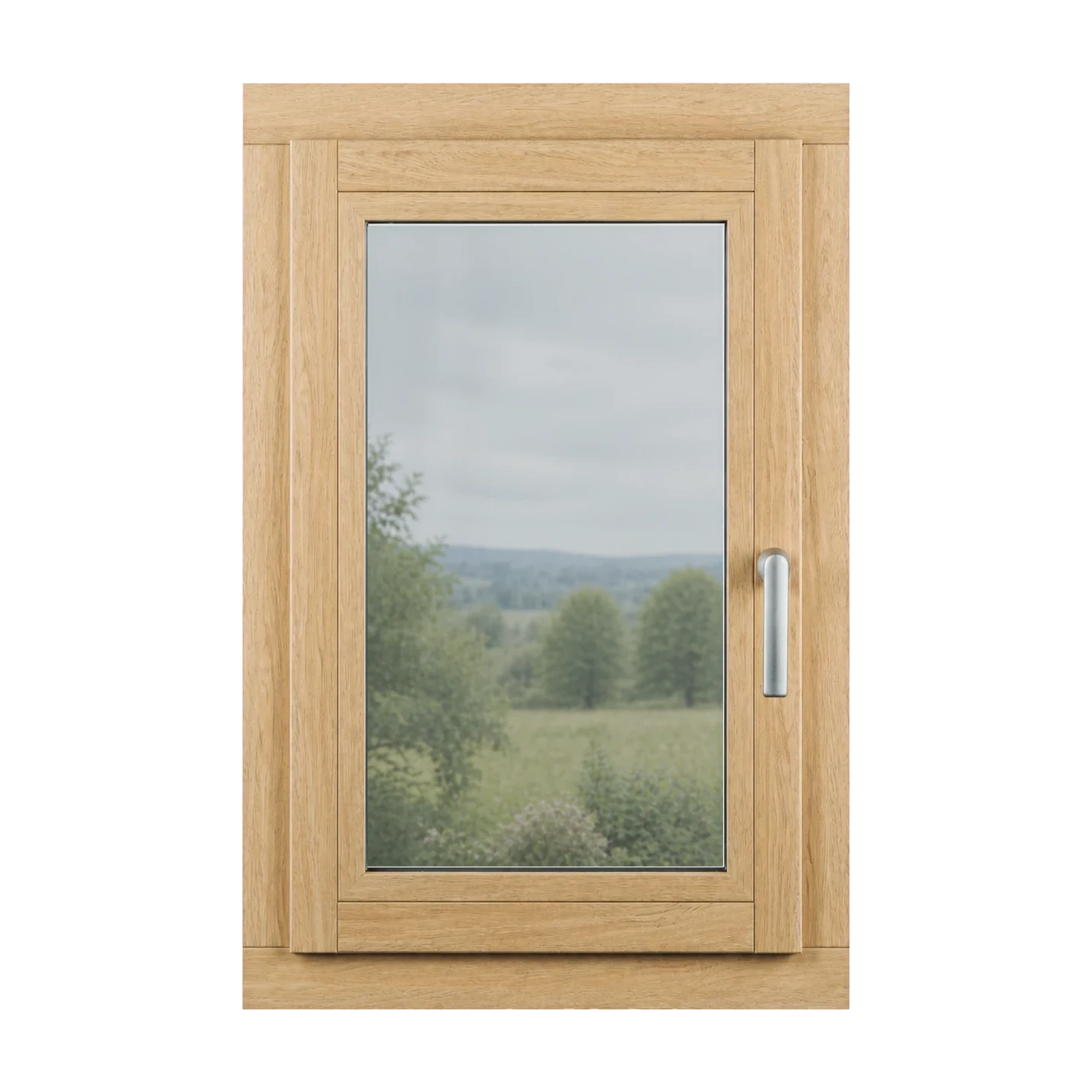 Komplettes DomoSign-PVC-Fenster in heller Eichenoptik, mit modernem, gebürstetem Griff.