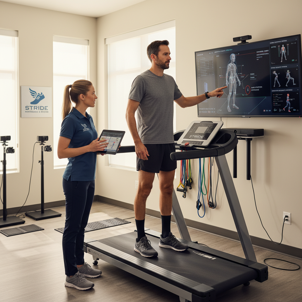  Runner receiving personalized gait analysis feedback from physical therapis