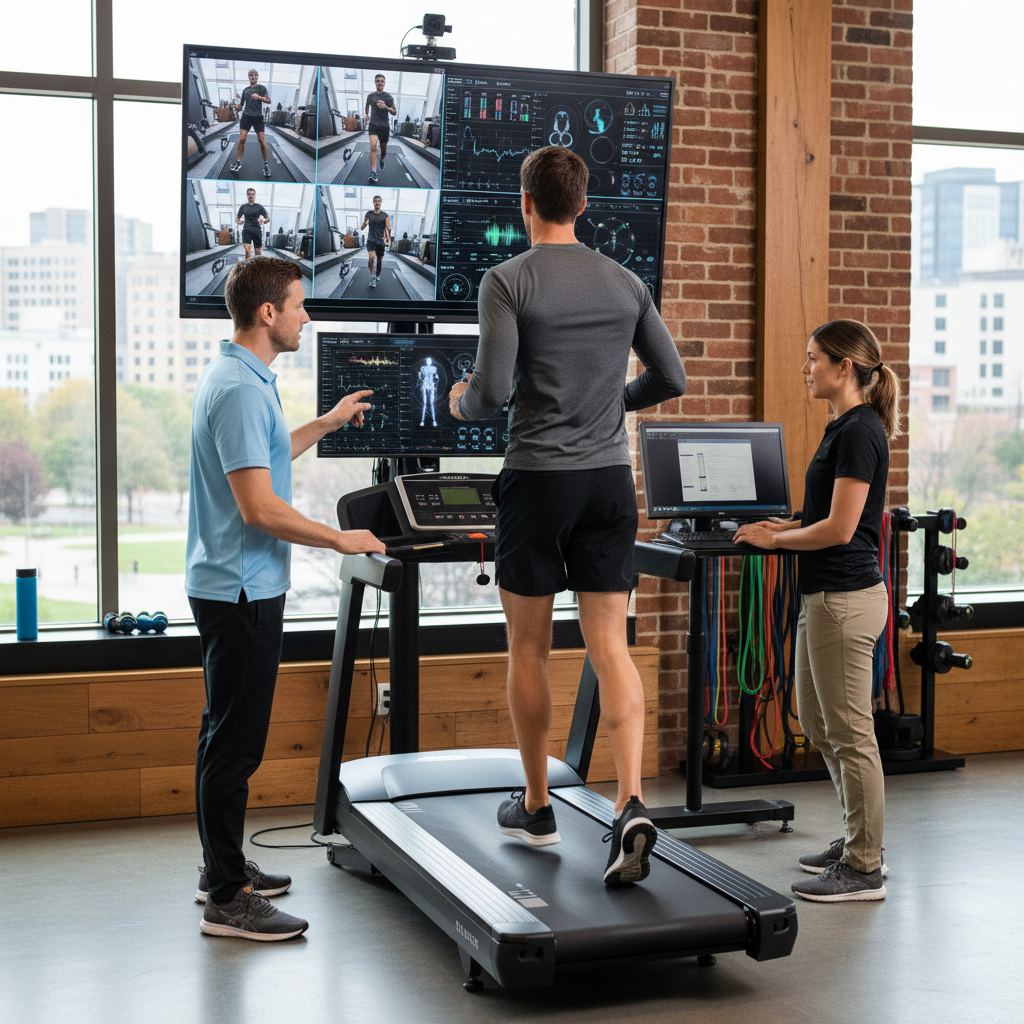 Runner on treadmill during professional gait analysis]