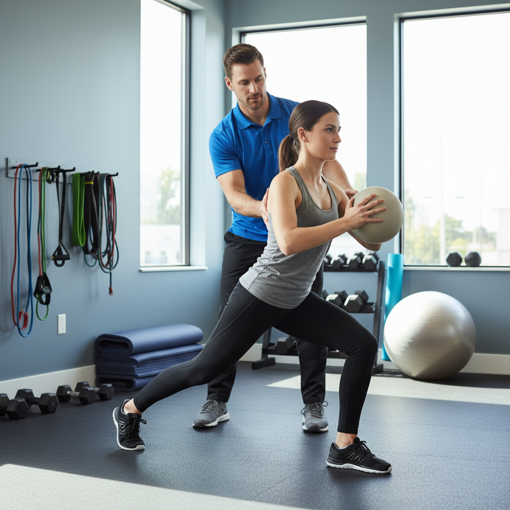 Doctor of Physical Therapy demonstrating therapeutic exercise with athletic patient at Aurora sports performance facility