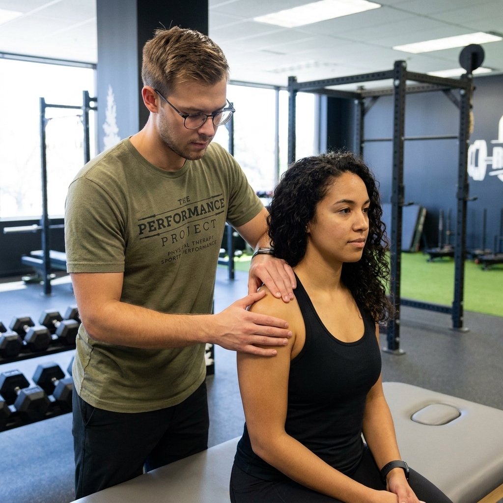 Patient working with a provider at a physical therapy clinic in Centennial, CO focusing on shoulder manual therapy and orthopedic care