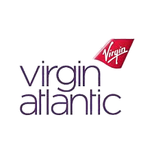 Virgin Atlantic logo featuring the company name in purple lowercase letters and a red flying lady emblem above.