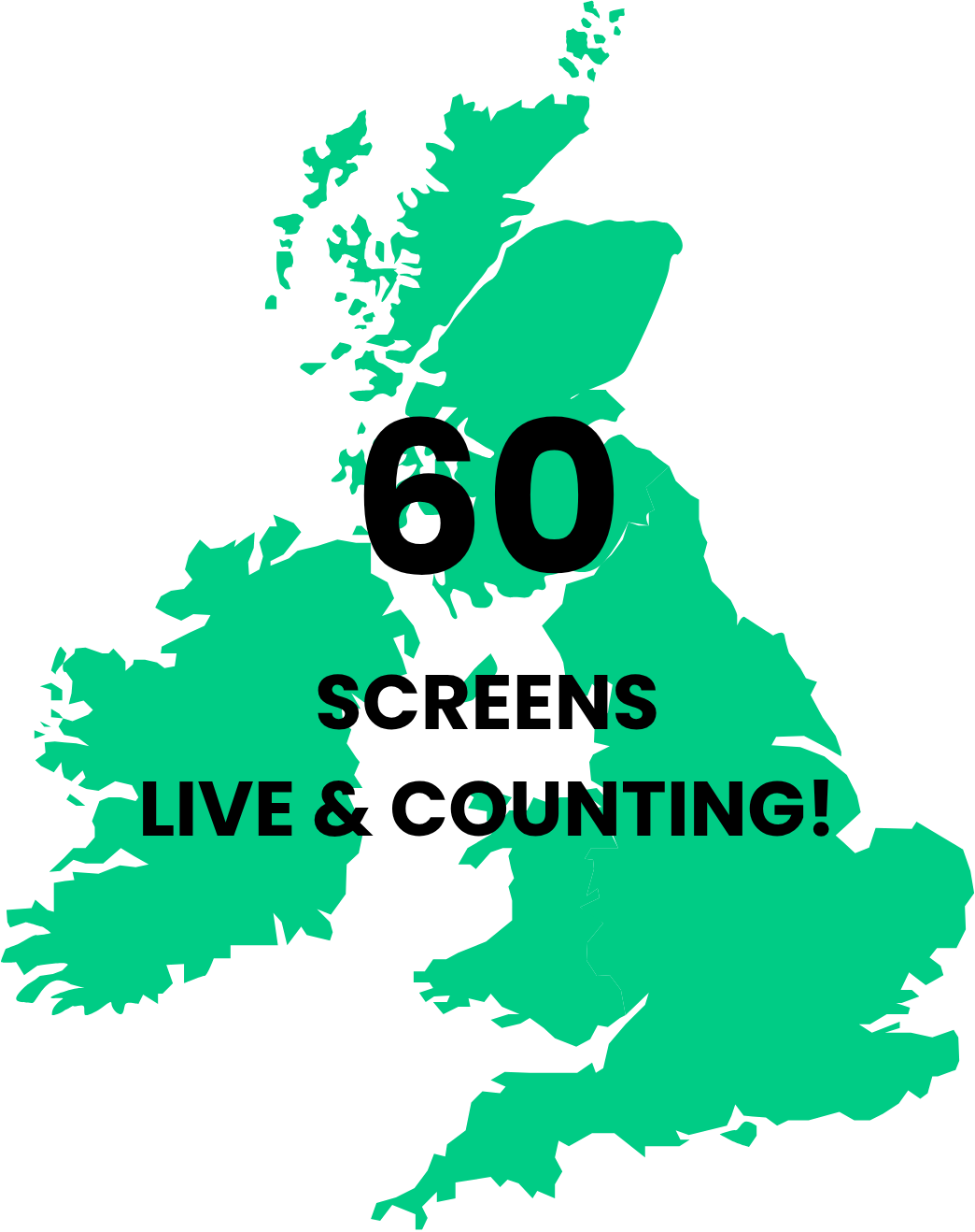 Green map of the UK and Ireland with the text '60 seconds LIVE & COUNTING!' in bold black letters centered on the map.