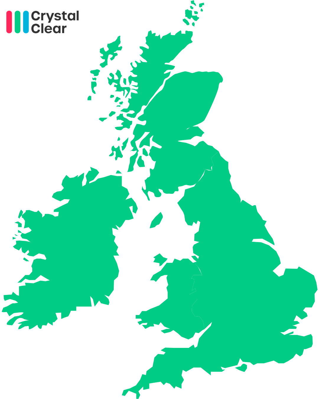 Map outline of the United Kingdom and Ireland in green with a Crystal Clear logo in the top left corner.