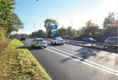 Four cars driving on a sunny multi-lane road bordered by green trees and grass.