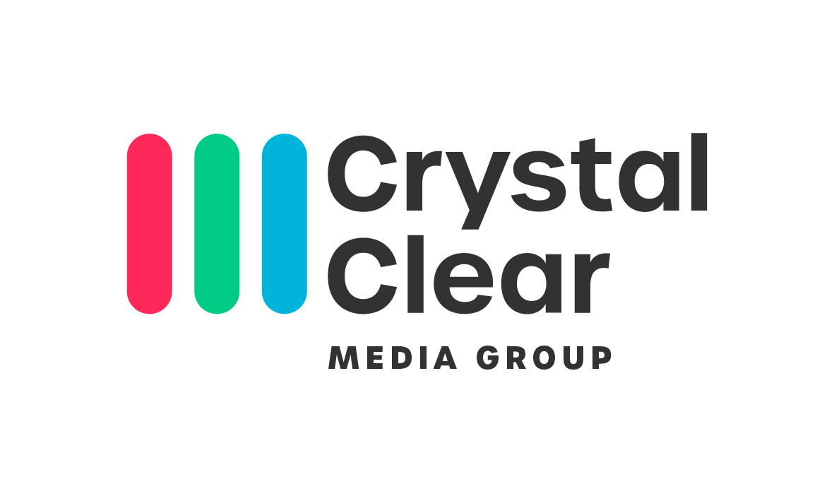 Crystal Clear Media Group logo with three vertical rounded bars in pink, green, and blue next to bold black text.