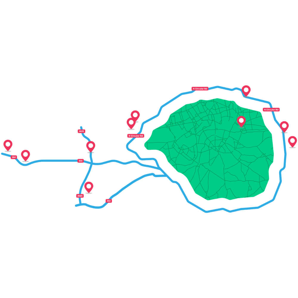 Simplified map showing London area with marked roads M25, M4, M3, N Circular Rd, and location pins.