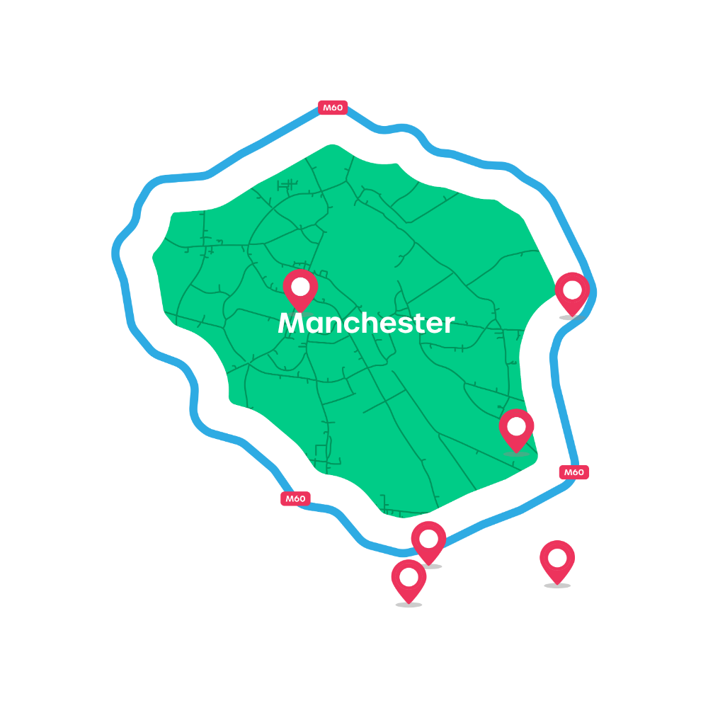 Map of Manchester with M60 ring road highlighted and location pins surrounding the city.