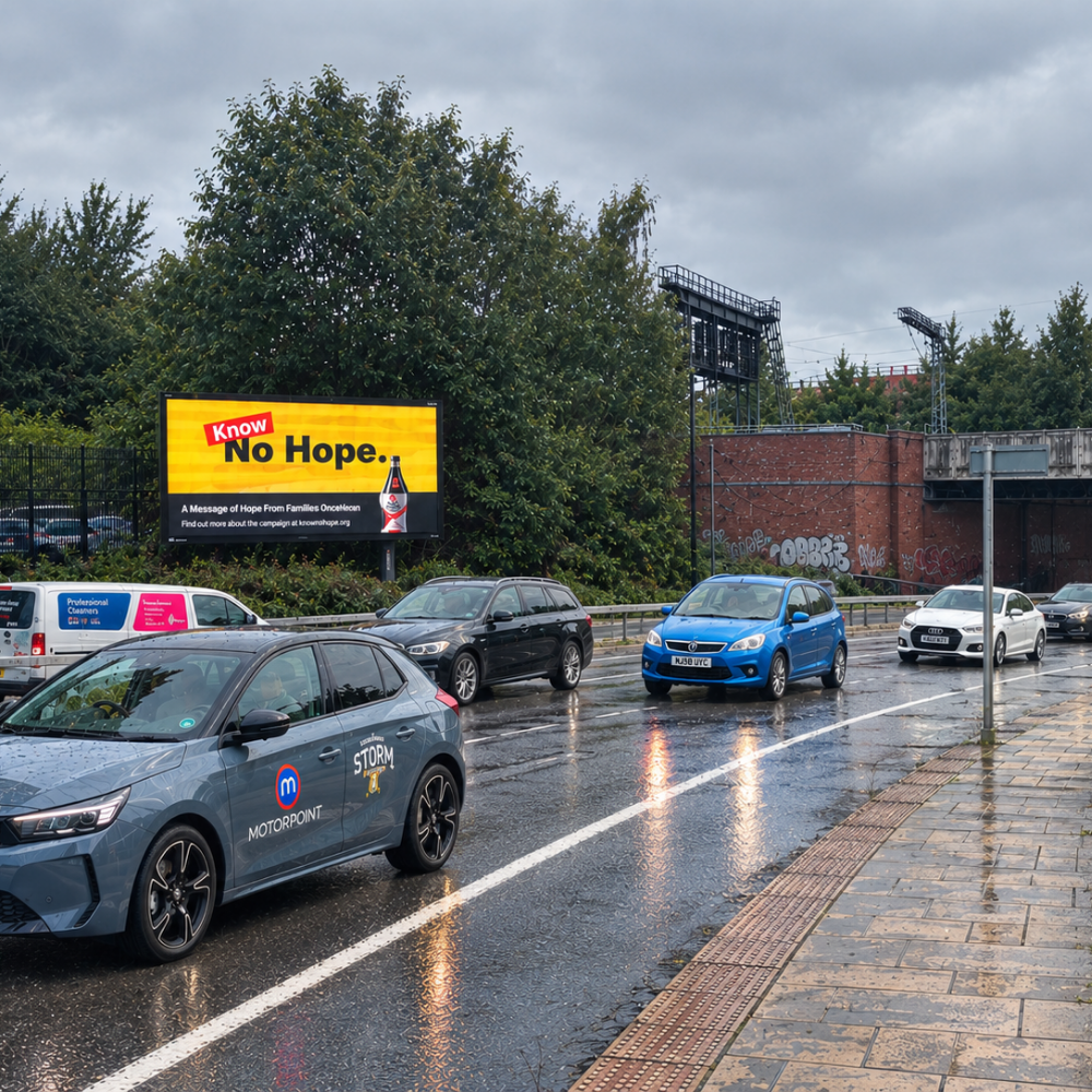 Wet street scene on a cloudy day with several cars driving past a billboard that reads 'Know No Hope.' with a bottle image and a message about hope from families affected by cancer.