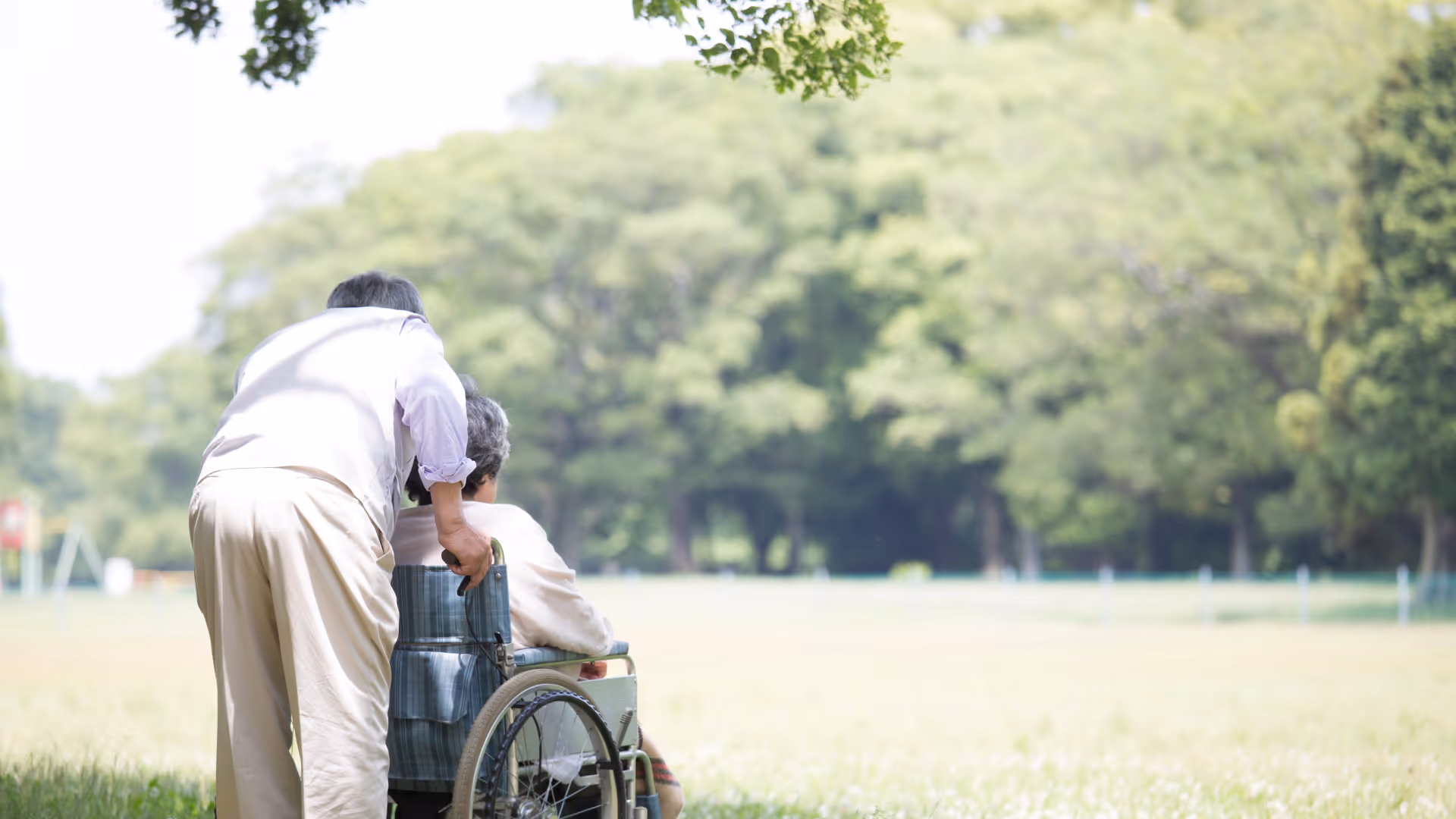 Person pushing an elderly individual in a wheelchair through a sunlit park with green trees.