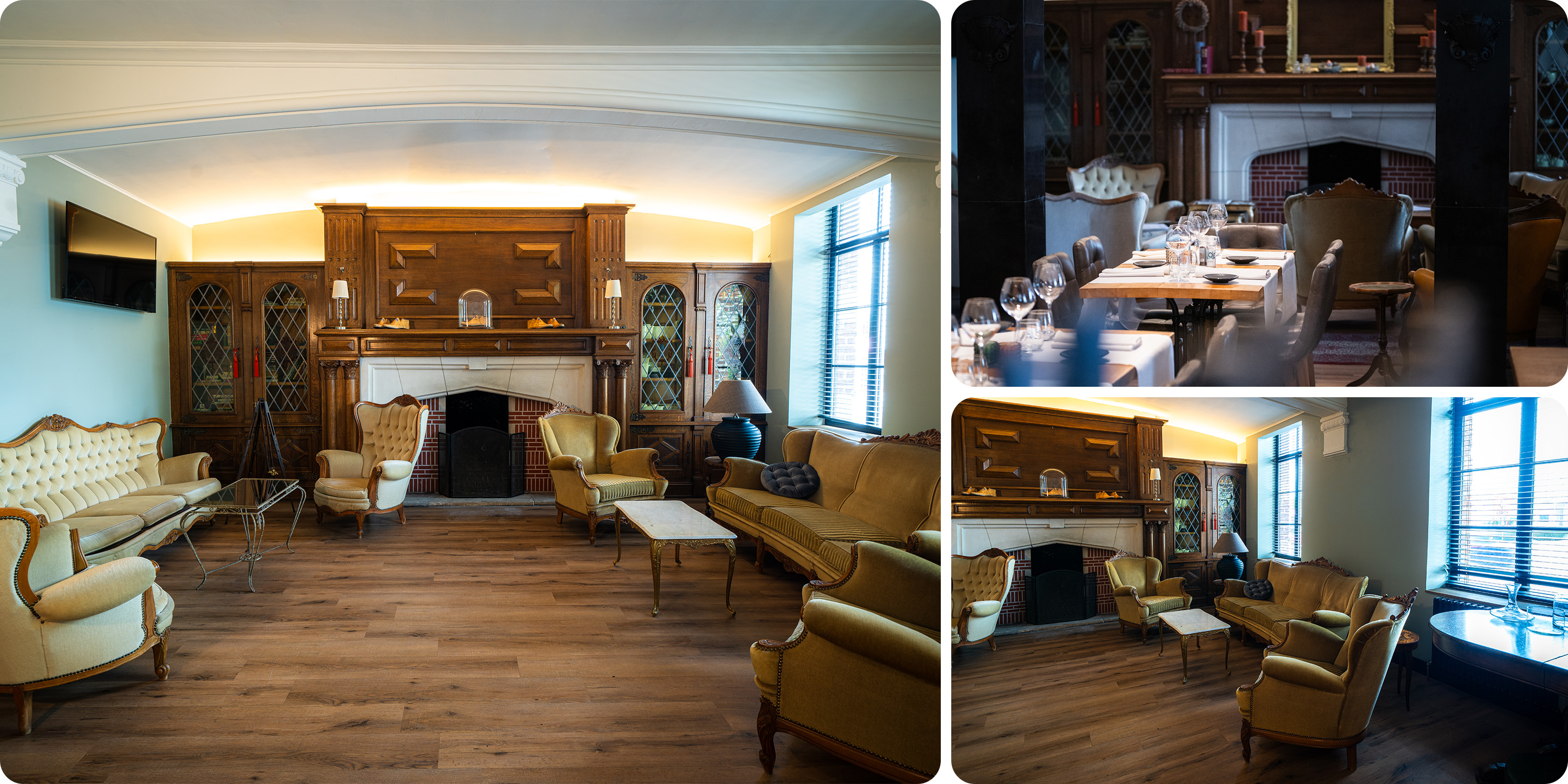 Cosy living area with fire place, connecting with the bar