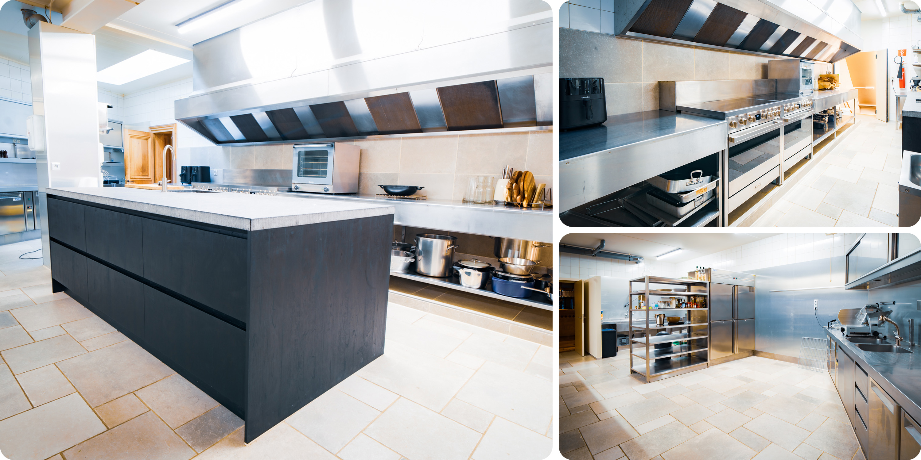 Large professionally equipped kitchen with ample cooling spaces