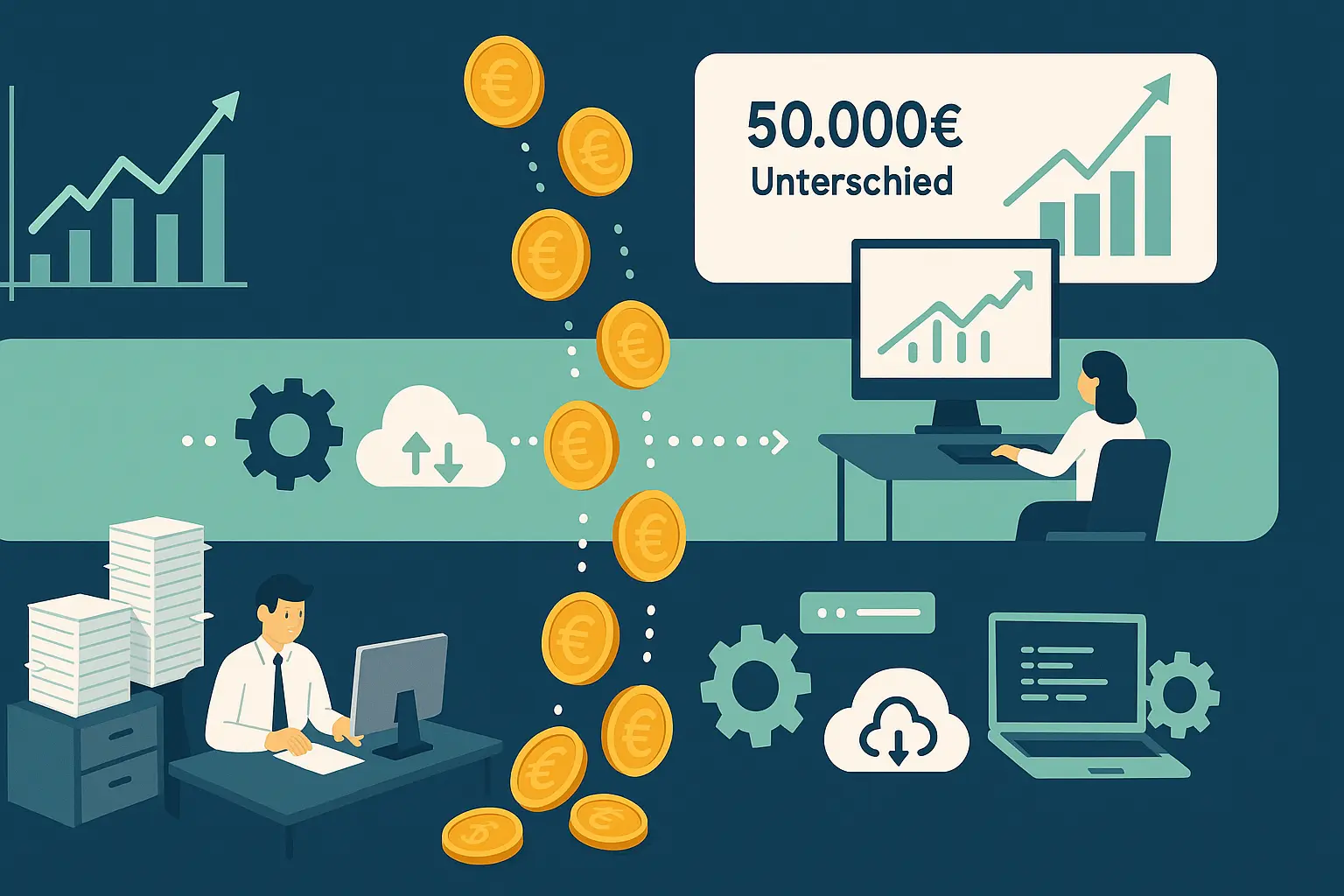 Die meisten Mittelständler verschenken 50.000€ jährlich durch ineffiziente Prozesse. Wir zeigen dir mit konkreten Rechenbeispielen, wo dein Geld versickert: 45 Min pro Angebot, 20 Min pro Rechnung - das summiert sich. Plus: Einfache Formel zum Selbstberechnen & Förderungstipps.