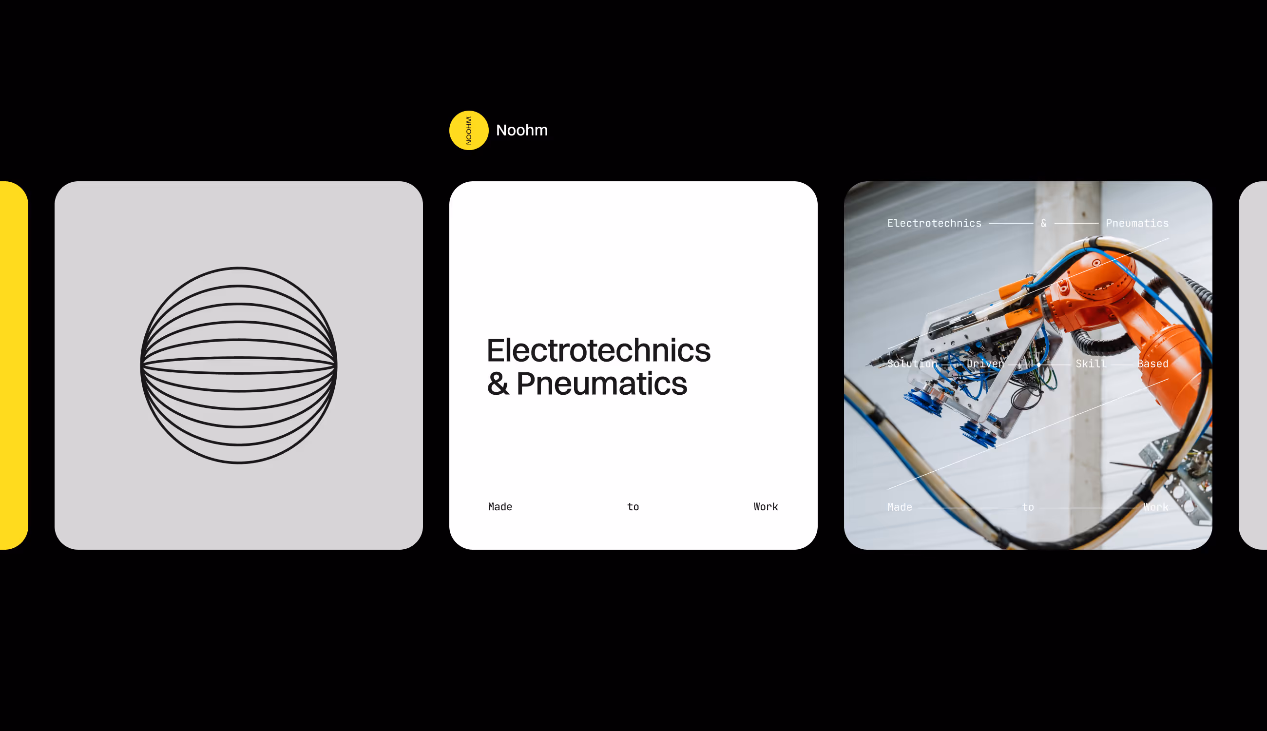 Social Media posts voor Noohm met drie tegels: een lijnensymbool, de tekst “Electrotechnics & Pneumatics” en een foto van een oranje robotarm in een industriële omgeving.