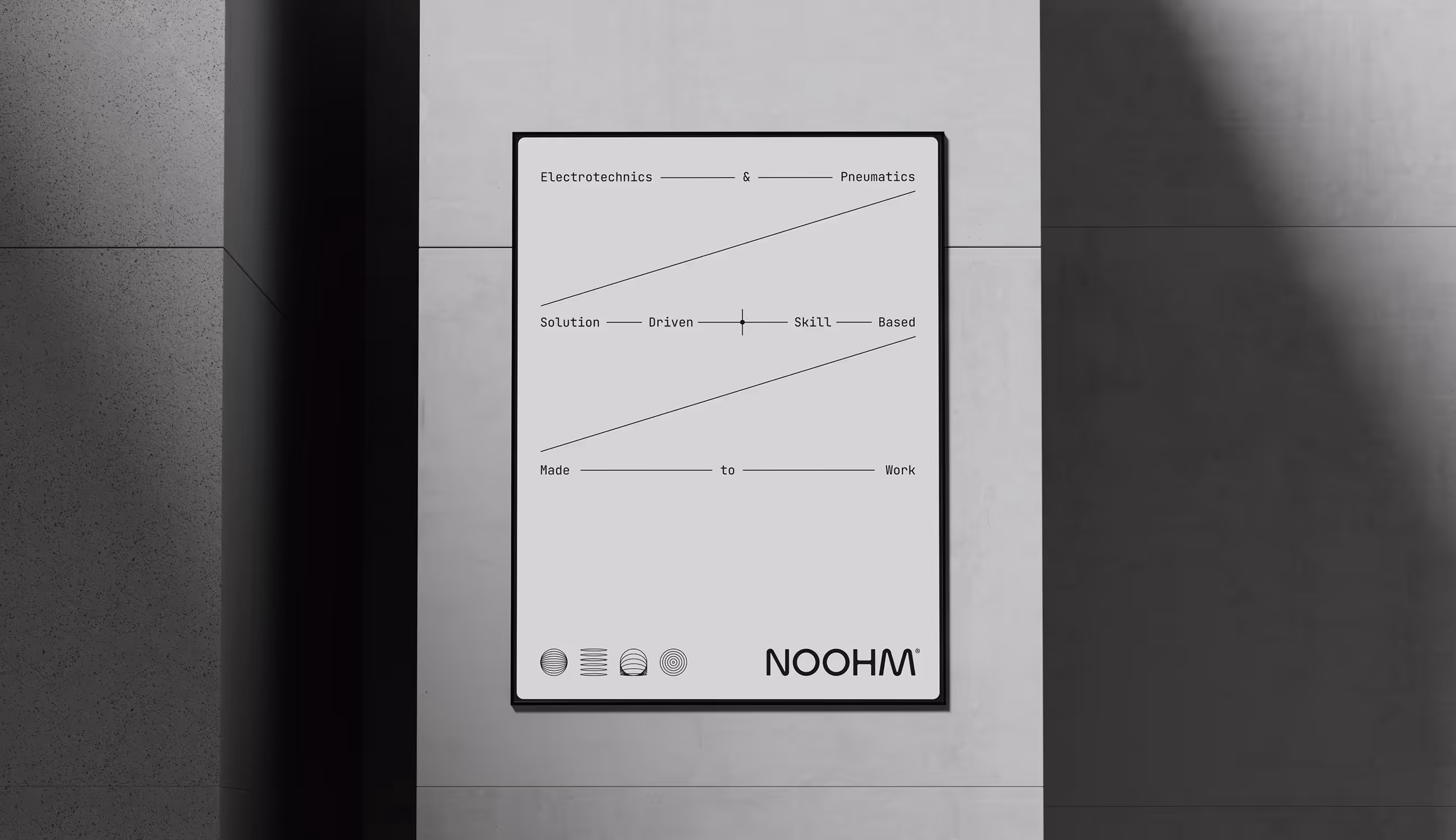 Minimalistische poster met lijnen en typografie die technische precisie uitstralen, met de woorden ‘Solution Driven – Skill Based’ en het Noohm-logo onderaan.