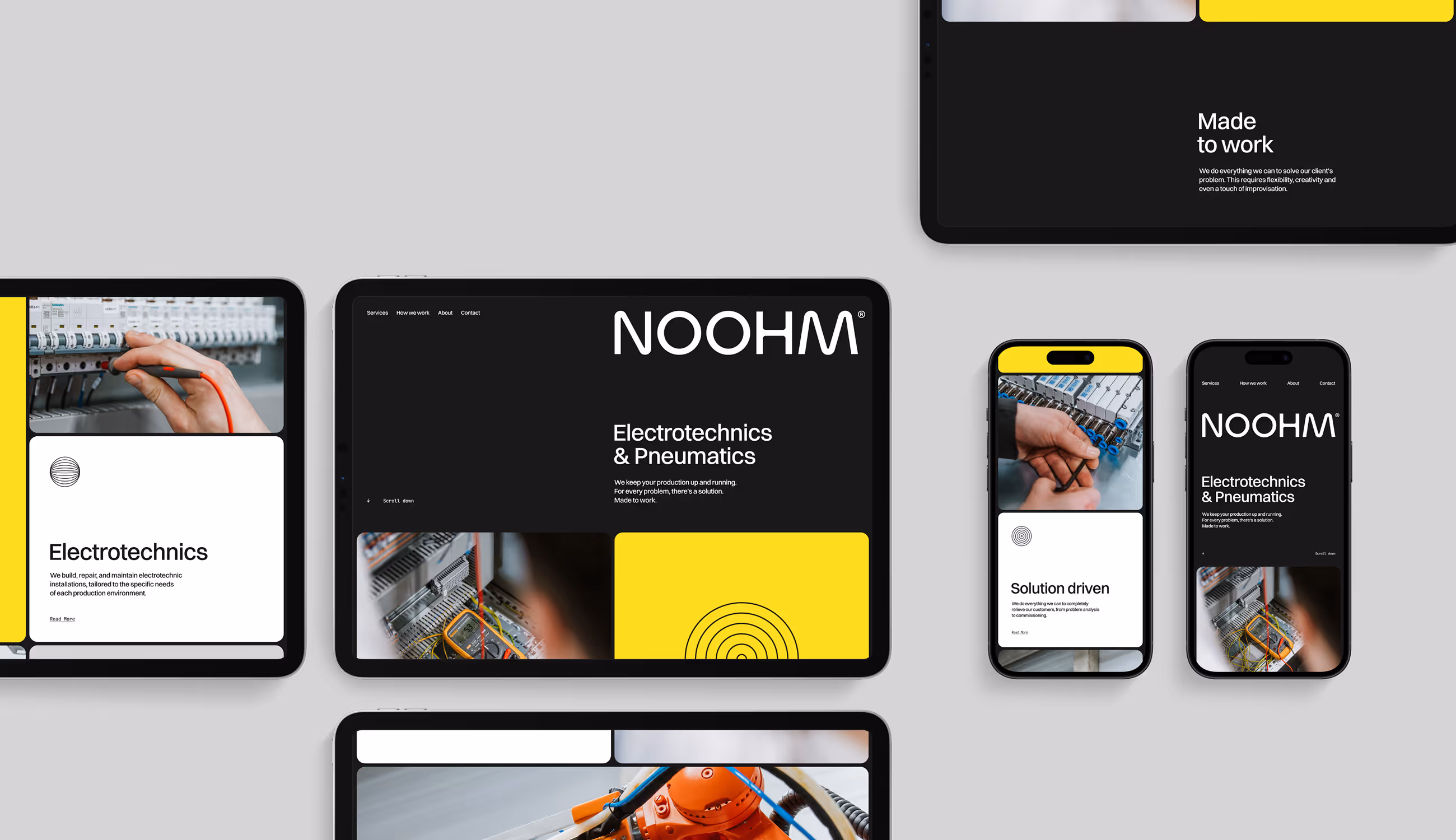 Verschillende apparaten met de Noohm-website in zwart, wit en geel — op tablets en smartphones met beelden van technische installaties en het logo prominent in beeld.