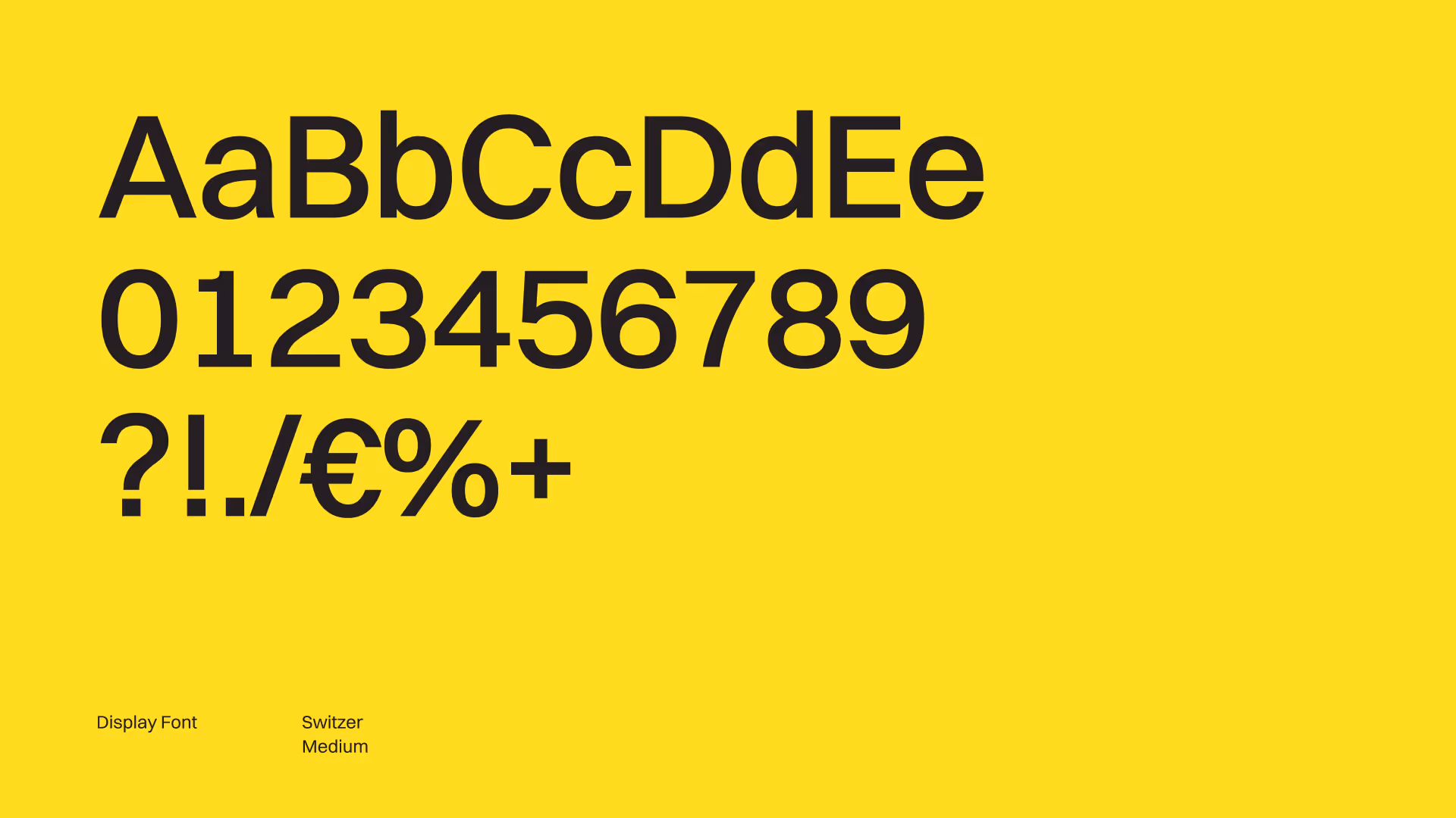 Zwarte letters en cijfers in het lettertype Switzer Medium op een felgele achtergrond, met onderaan de tekst ‘Display Font – Switzer Medium’.