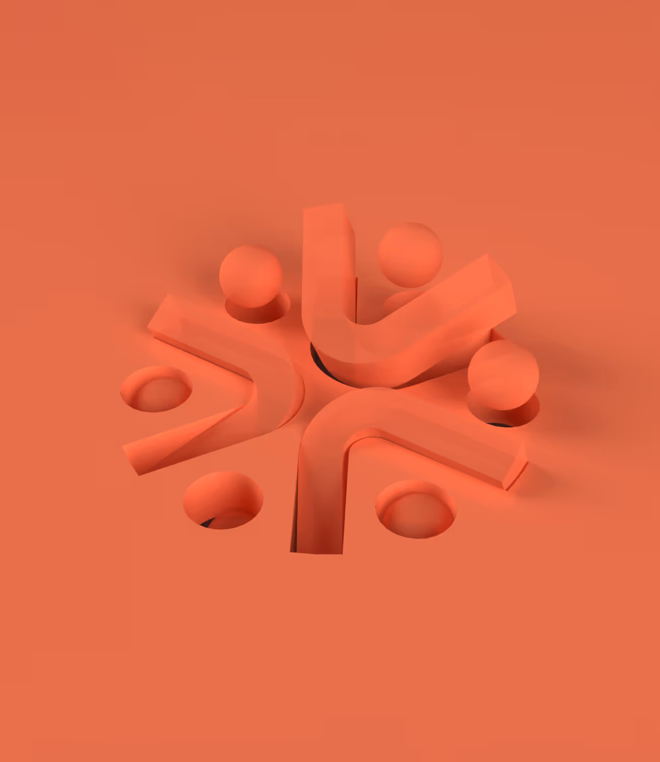3D-weergave van het Actief-logo in oranje tint, bestaande uit vier abstracte menselijke figuren die in een cirkel naar elkaar toe buigen.