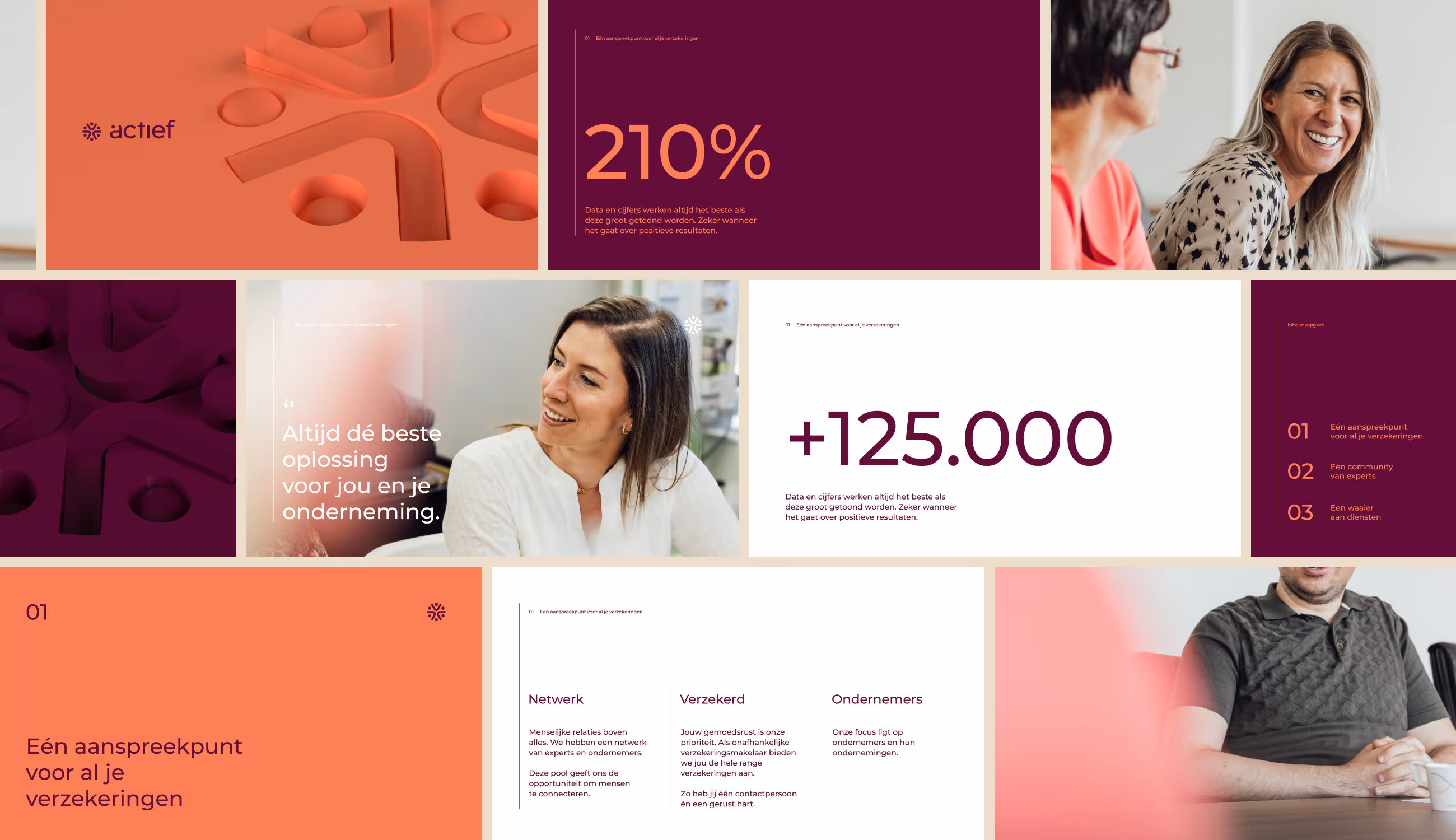 Overzicht van de Actief-branding in een collage met beelden, typografie en cijfers in oranje en paars. Foto’s van medewerkers wisselen af met statements zoals “Altijd de beste oplossing voor jou en je onderneming.”