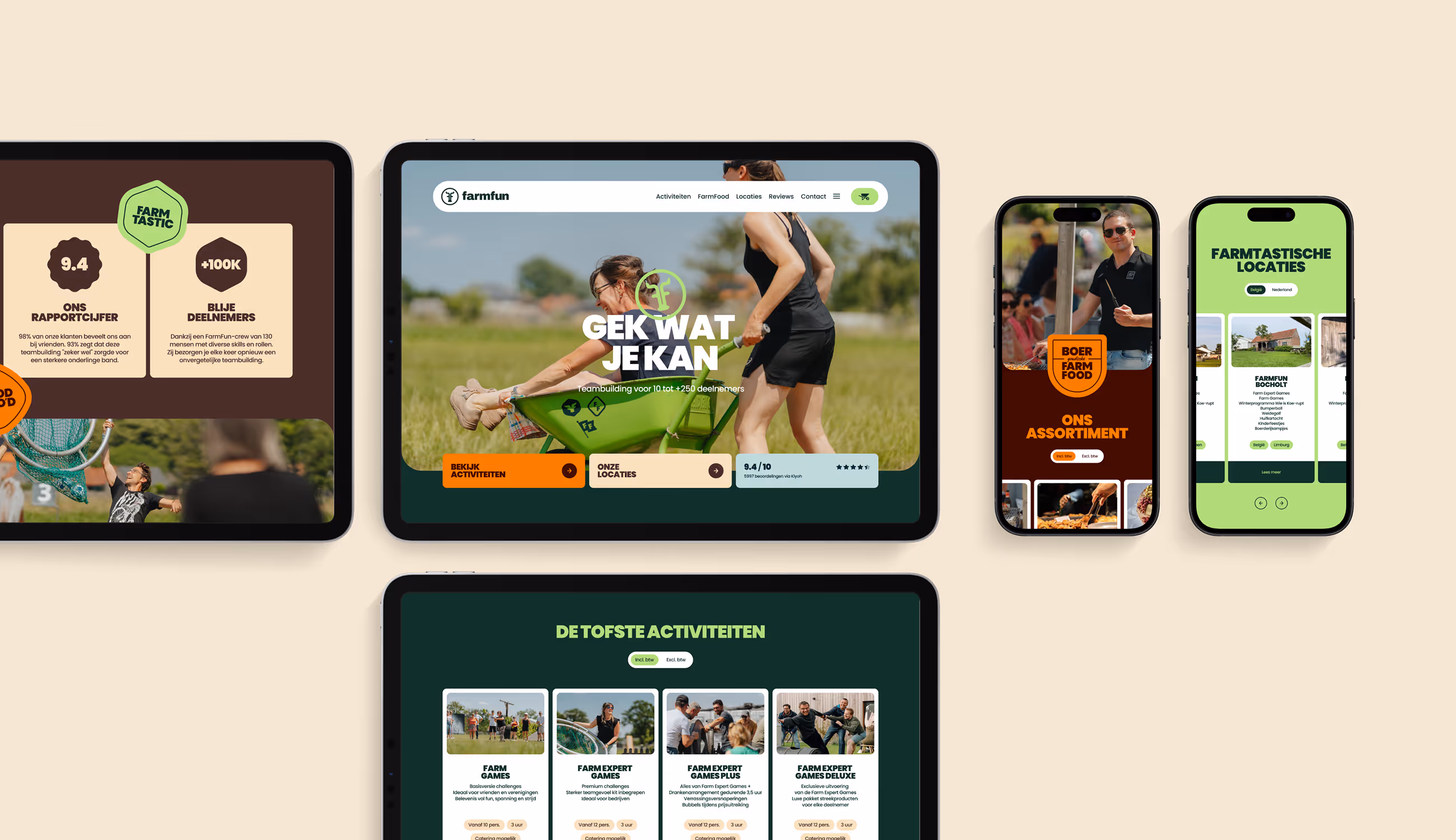 FarmFun-website op tablet en smartphone, met beelden van activiteiten, eten en locaties — dynamisch en gebruiksvriendelijk.