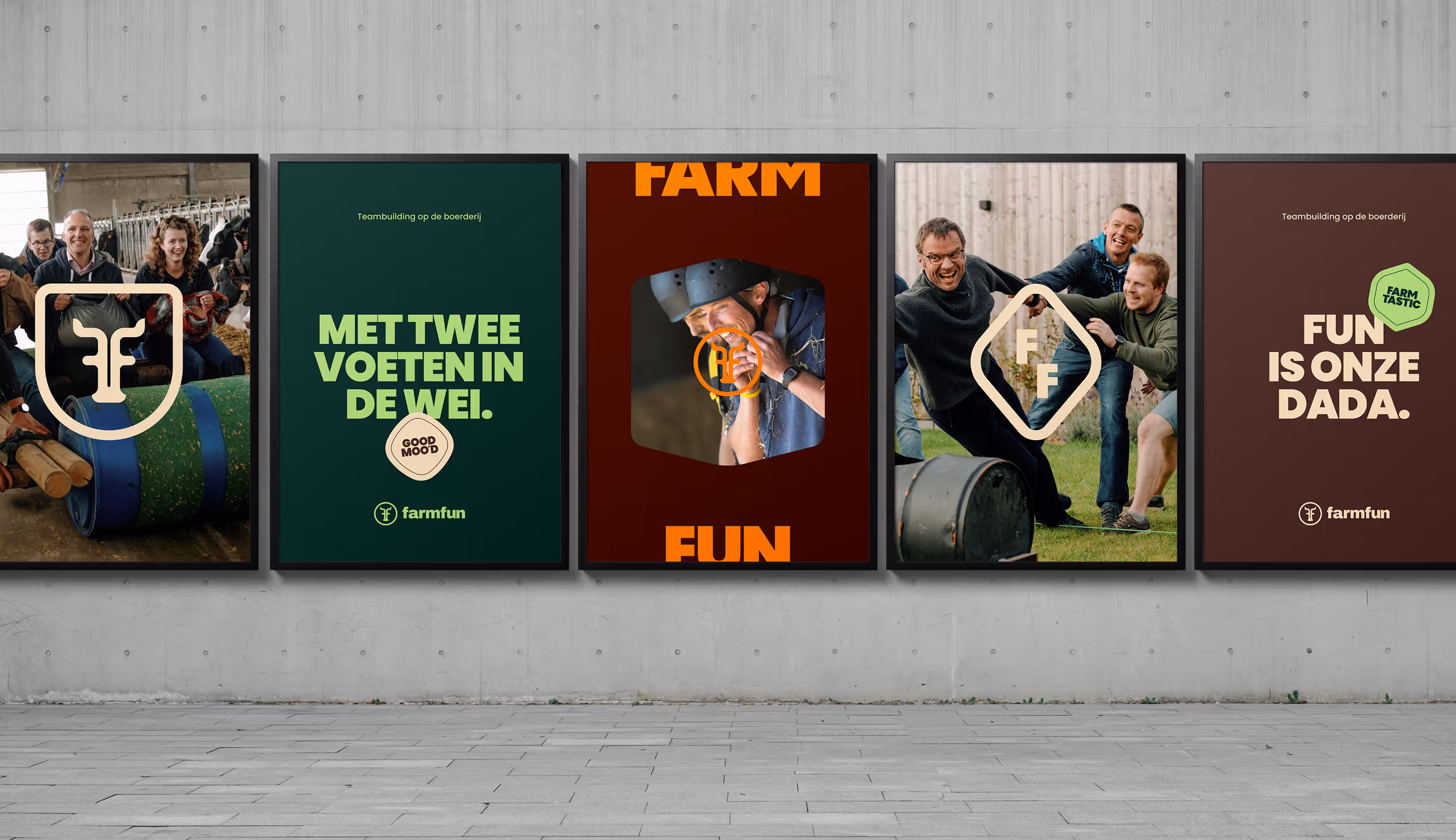 Reeks FarmFun-posters met slogans als “Met twee voeten in de wei” en “Fun is onze dada” — krachtige mix van typografie en fotografie.