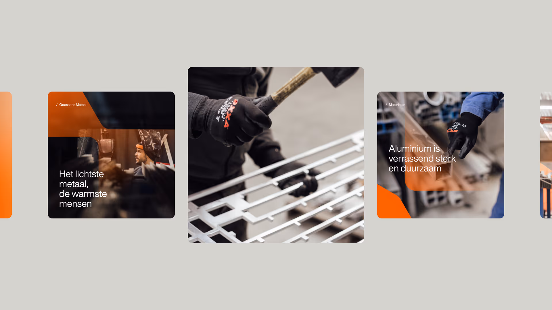 Verschillende socialmediabeelden met combinaties van fotografie en tekst, waaronder “Het lichtste metaal, de warmste mensen” en “Aluminium is verrassend sterk en duurzaam.”