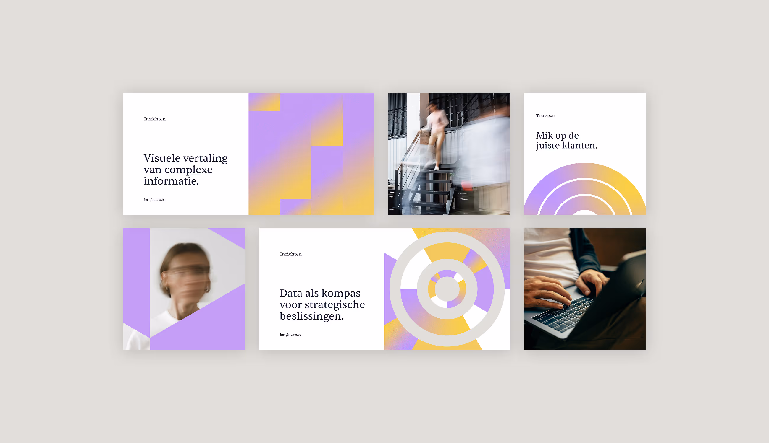 Zes visuele tegels met teksten zoals “Visuele vertaling van complexe informatie” en “Data als kompas voor strategische beslissingen.” De beelden combineren geometrische vormen, menselijkheid en datarepresentatie.