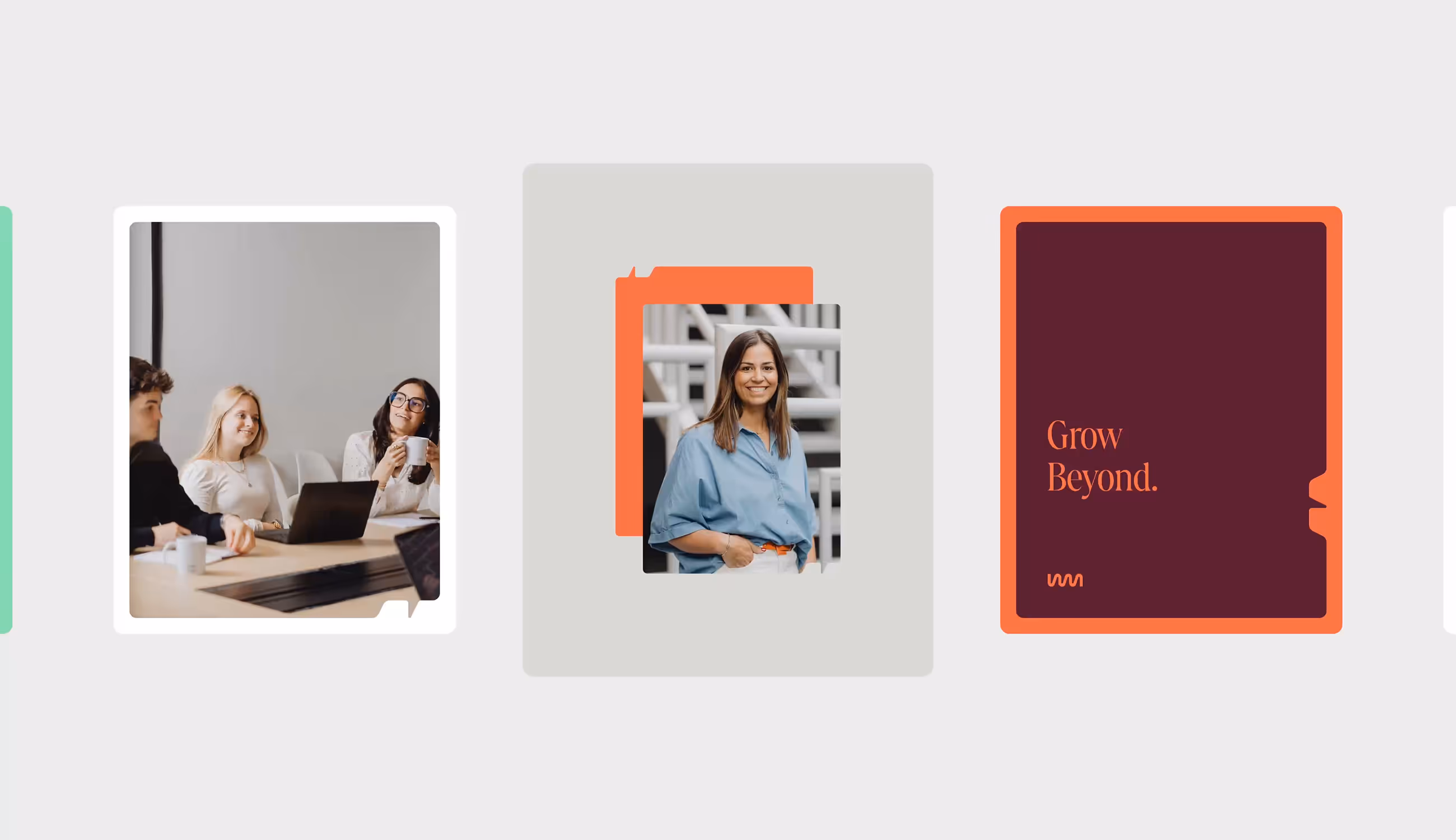 Compositie van drie visuals: een team in overleg, een vrouw in blauwe blouse, en een bordeauxrode kaart met de tekst “Grow Beyond.”.