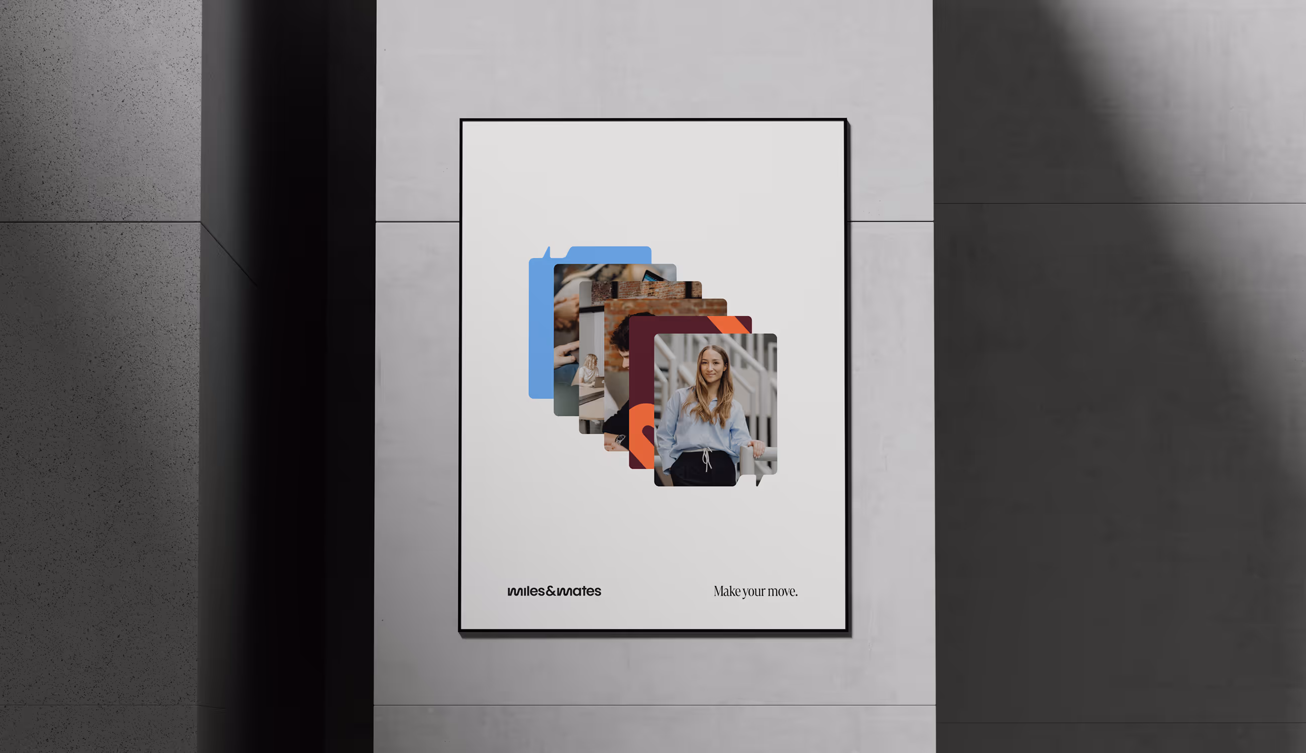 Affiche toont meerdere overlappende tekstballonnen met foto’s van mensen en kleuren uit de huisstijl, met baseline “Make your move.”