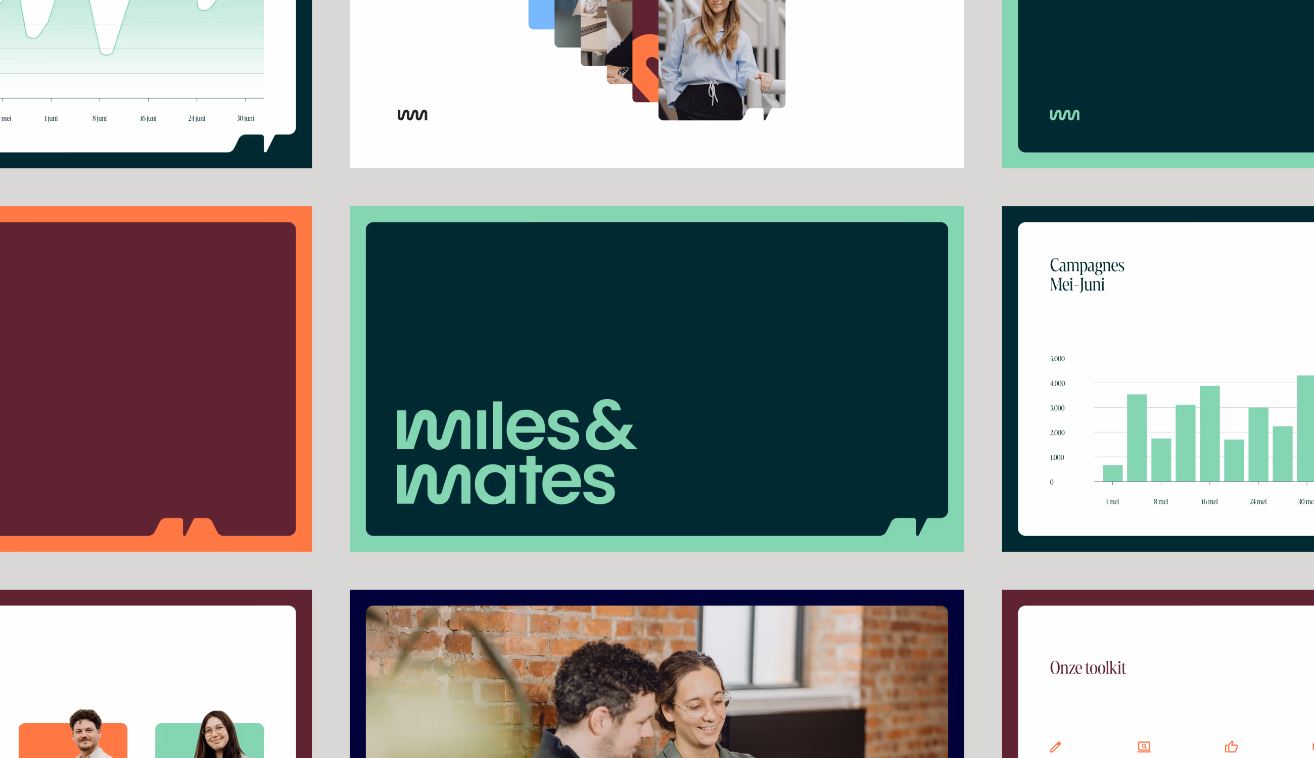 Overzicht van slides met grafieken, foto’s, logo en merkvisuals in de kleuren mint, bordeaux en donkergroen.