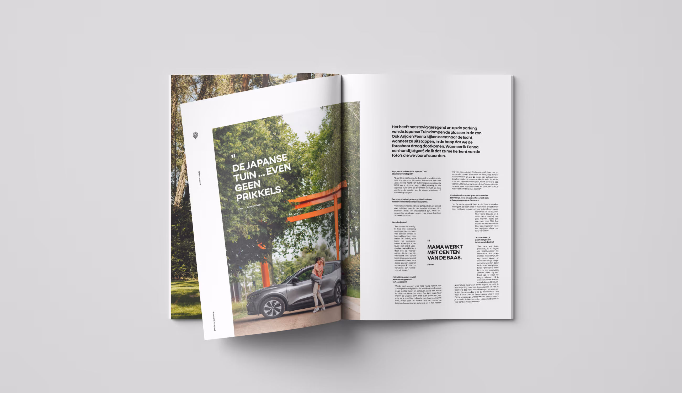 Open tijdschrift met links een foto van een koppel bij een auto in de Japanse Tuin en rechts tekst met citaten over mobiliteit.