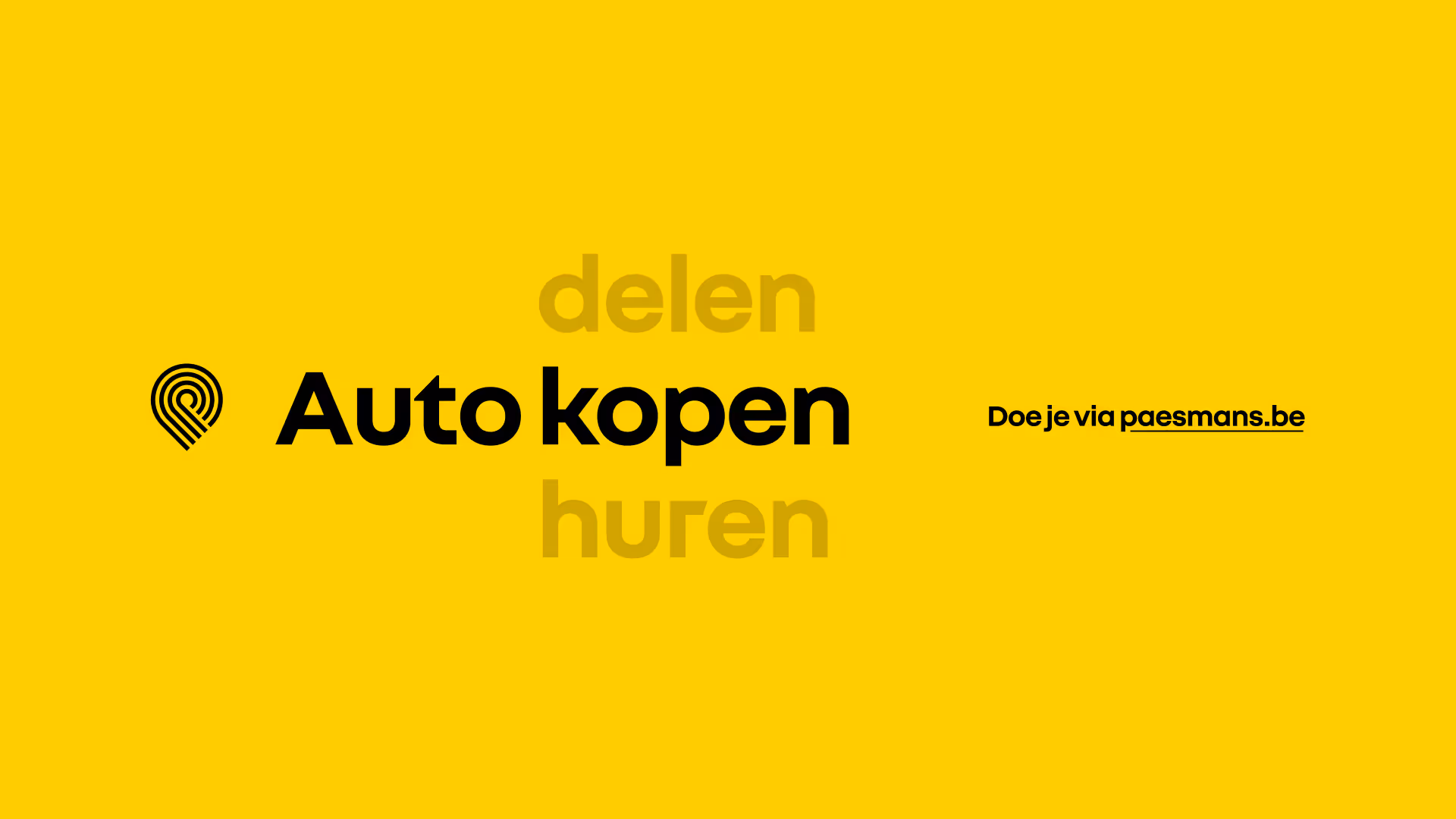 Grafisch beeld met gele achtergrond, het Paesmans-logo en de tekst “Auto kopen – Doe je via paesmans.be”.