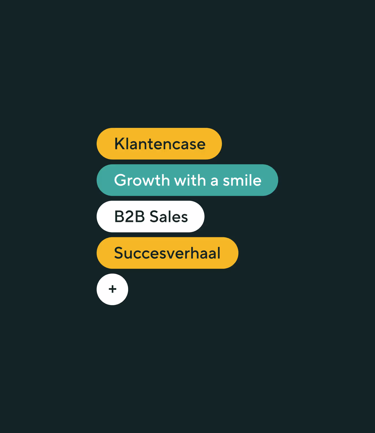 Verschillende kleurrijke tekstlabels met woorden zoals “Klantencase”, “Growth with a smile” en “Succesverhaal” op donkergroene achtergrond.