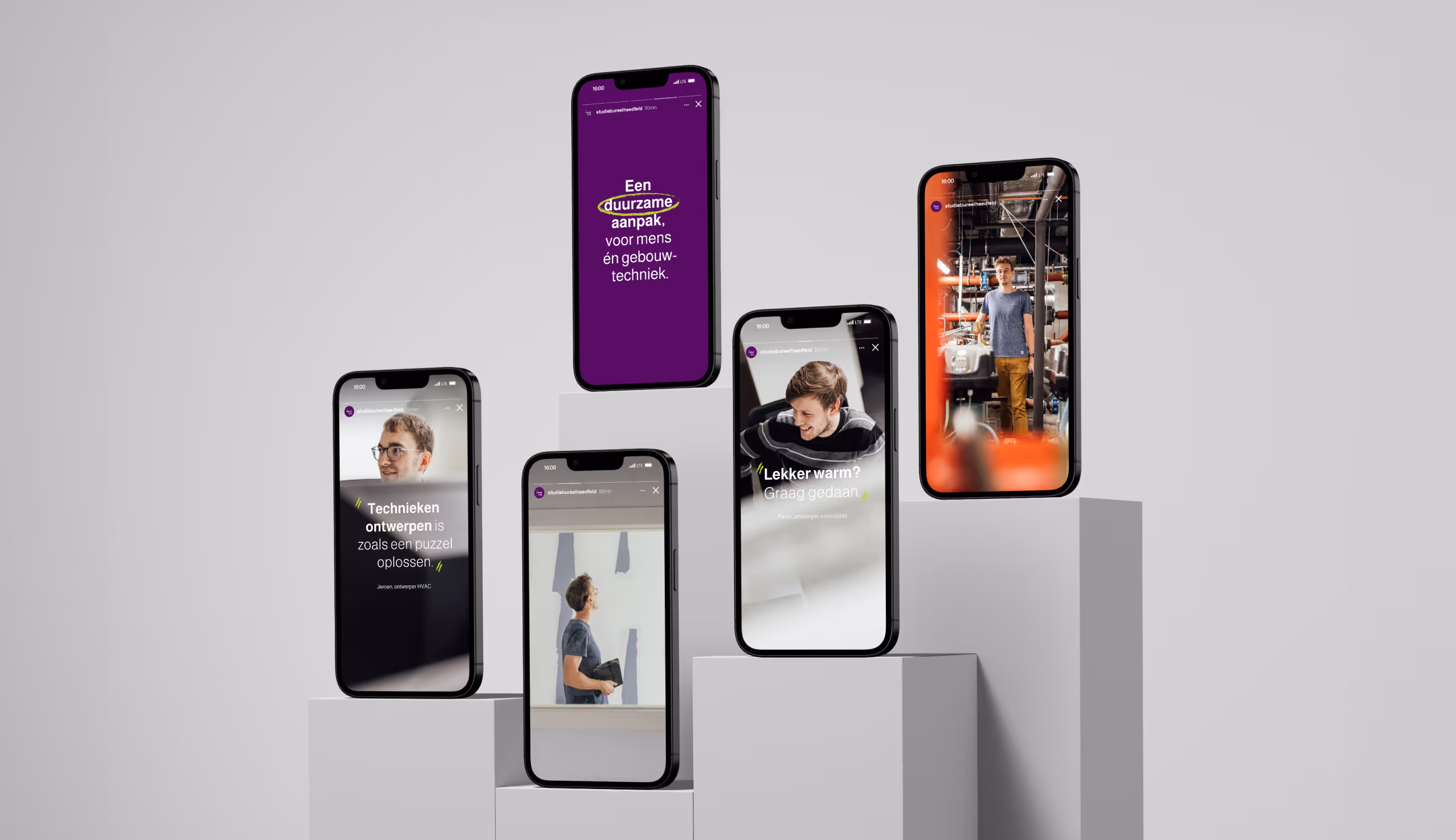 Zes smartphones tonen visuals met medewerkers, quotes en de merkstijl van Studio Heedfeld in een moderne opstelling.