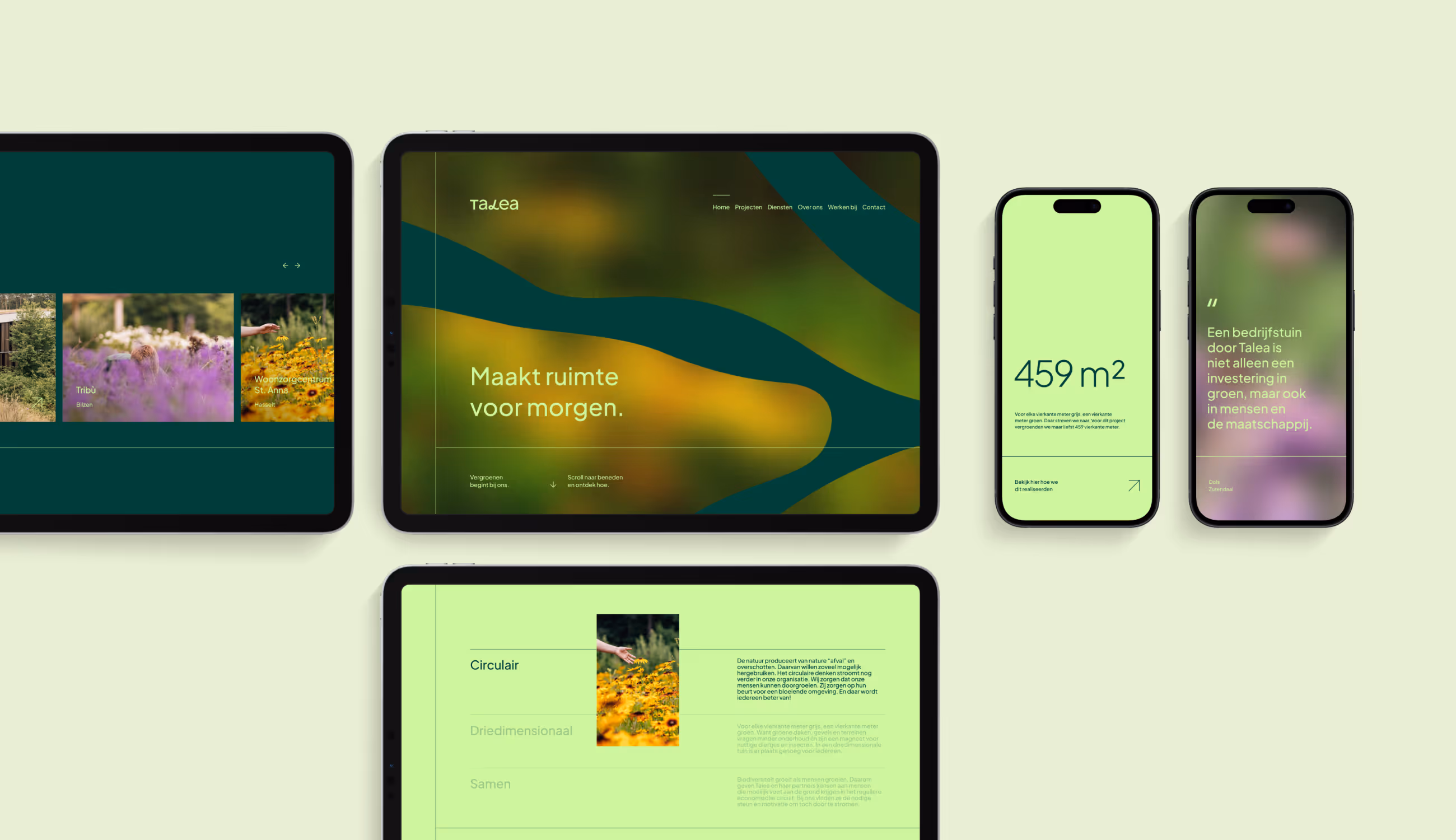 Digitale presentatie van de Talea-website op tablets en smartphones, met natuurlijke kleuren en zachte typografie.