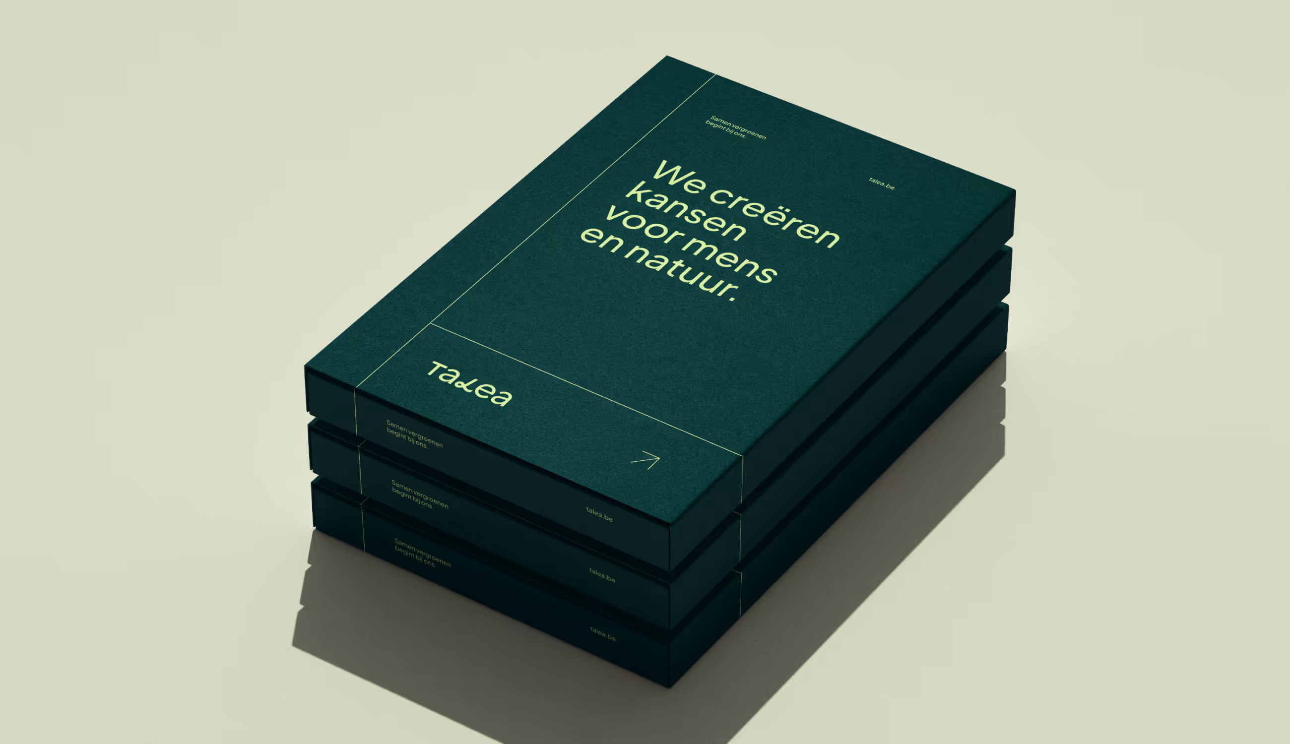 Gestapelde Talea-verpakkingen met de boodschap ‘We creëren kansen voor mens en natuur.’ op een lichtgroene achtergrond.