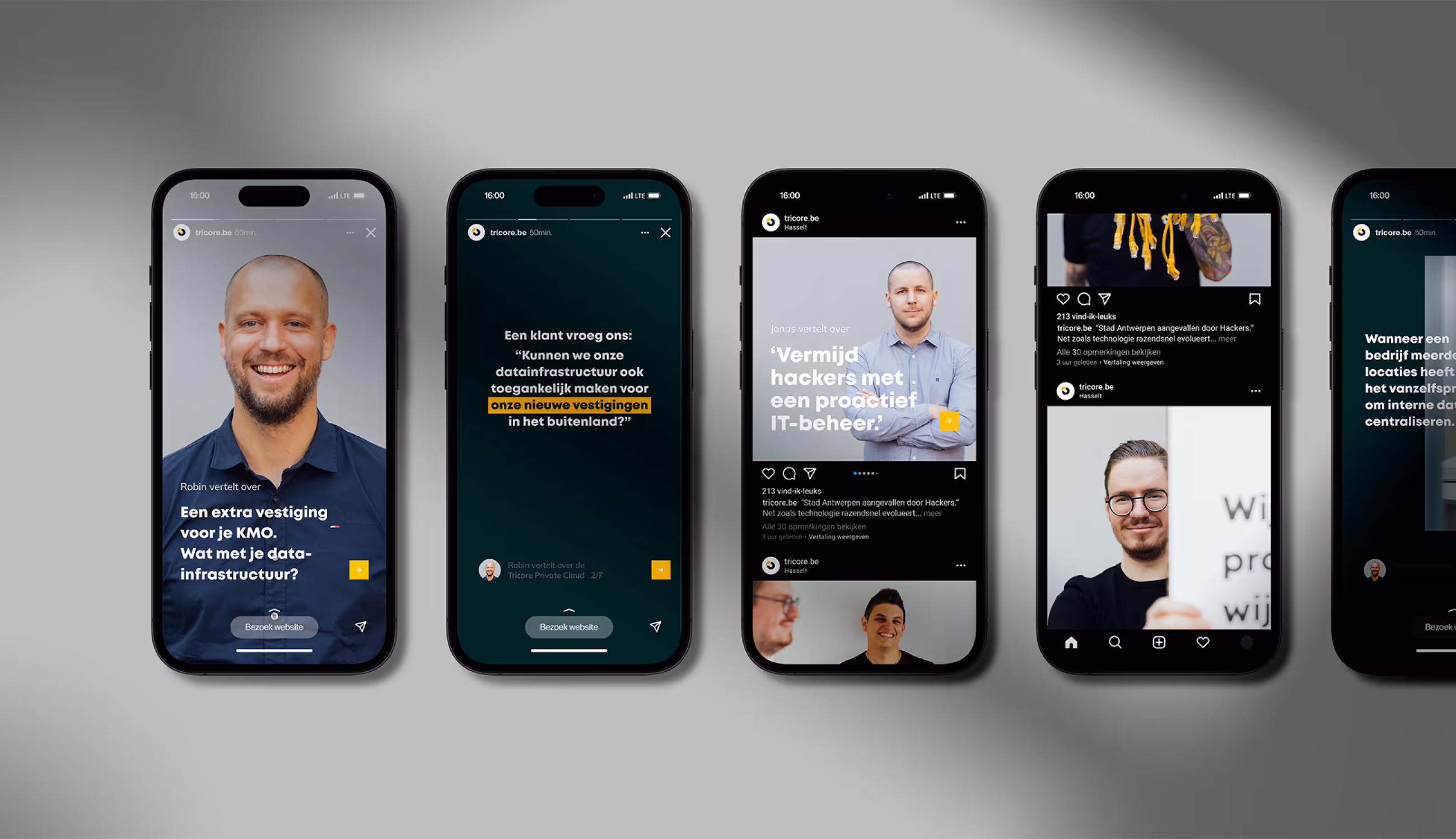 Vijf smartphones tonen socialmediaposts van Tricore met foto’s van teamleden en IT-inzichten.